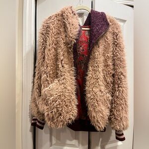 FREE PEOPLE FUZZY PINK HOODED ZIP JACKET